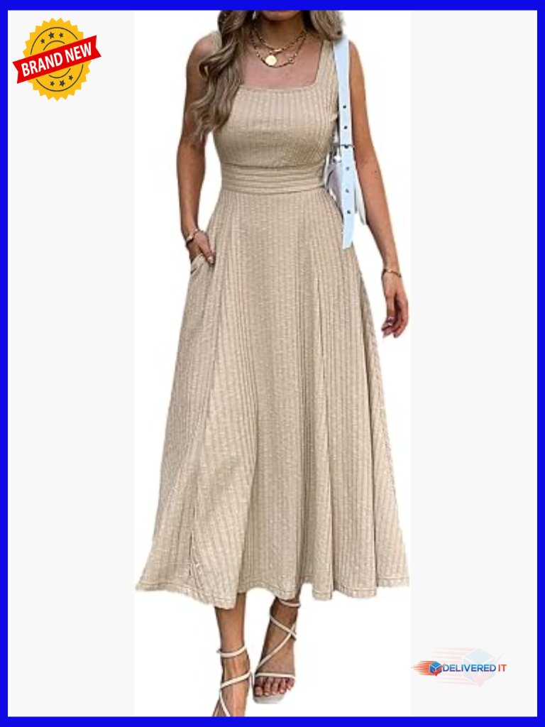 Women's Square Neck Sleeveless Maxi Dress With Pockets A-Line Flowy Knit